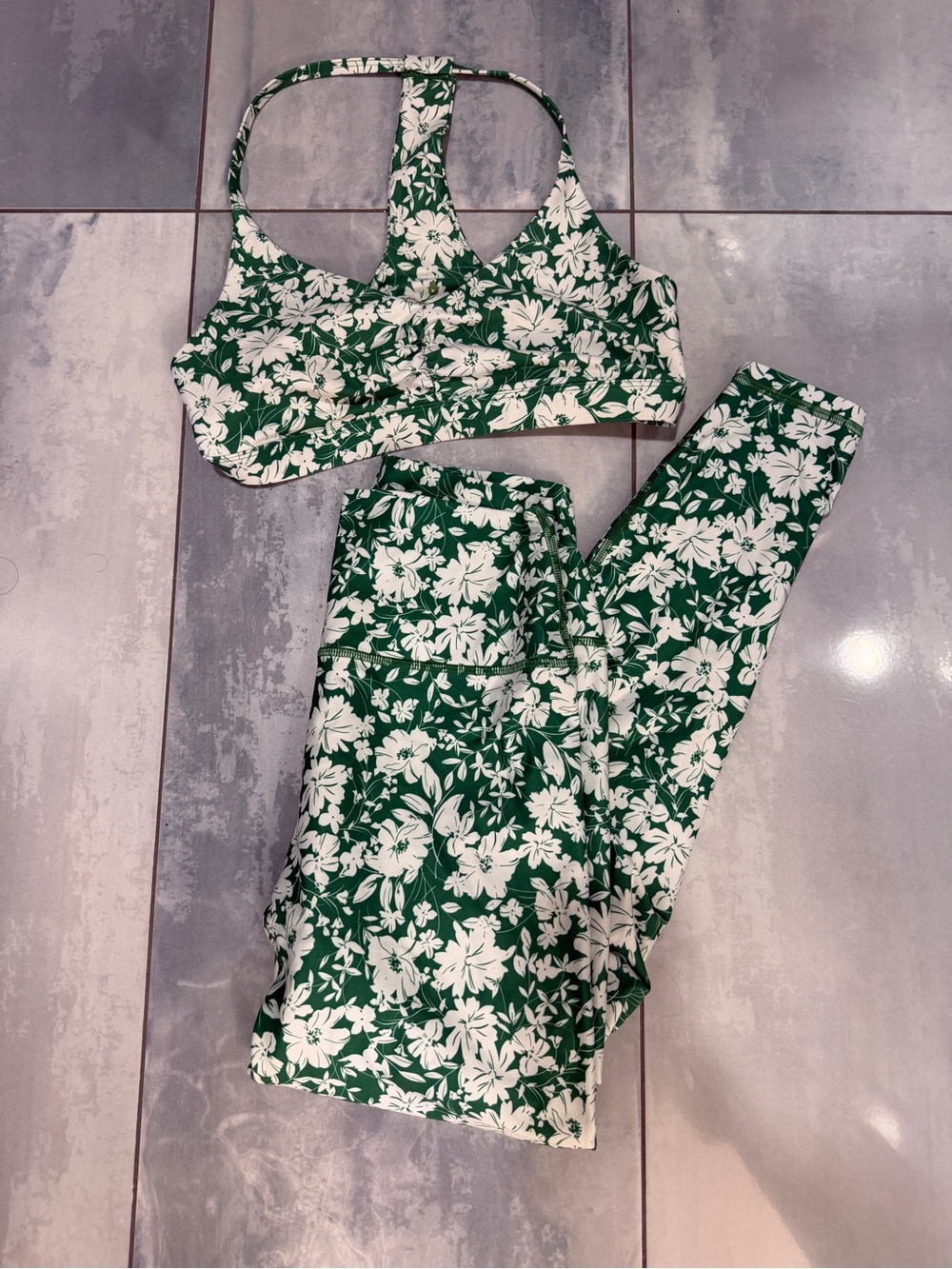 Spiritual Gangster Green and White Floral High-Waist Legging & Sports Bra Set